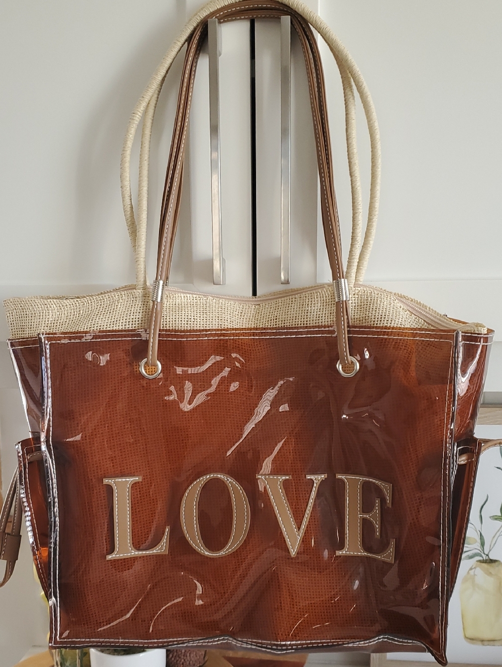 Brown Clear Tote Bag with 'LOVE' Lettering and Rope Handles